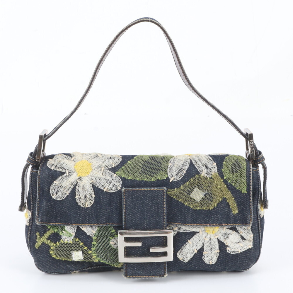 Fendi Flower Denim Mamma Bucket Baguette Leather Shoulder Bag with FF Hardwar...